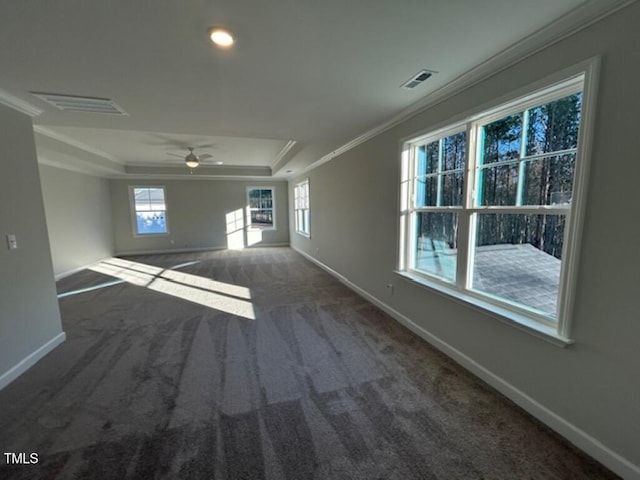 carpeted spare room with ceiling fan, ornamental molding, and a tray ceiling