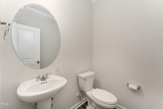 bathroom featuring sink, toilet, and crown molding