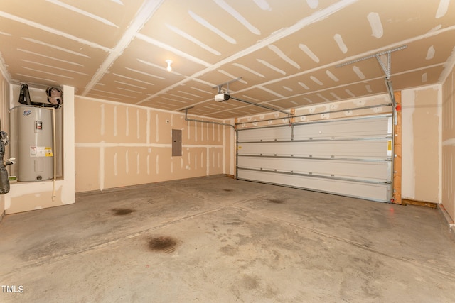 garage featuring a garage door opener, electric water heater, and electric panel