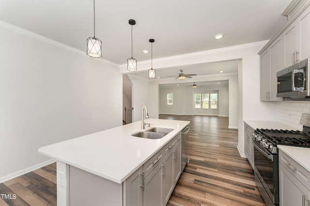 kitchen featuring ceiling fan, appliances with stainless steel finishes, sink, and dark wood-type flooring