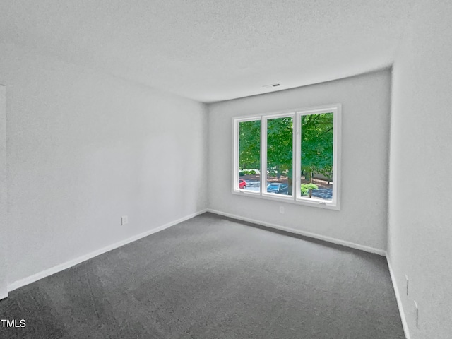 spare room featuring a textured ceiling, visible vents, baseboards, and carpet floors