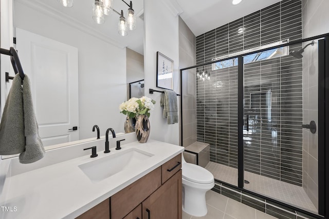 full bathroom with toilet, a stall shower, crown molding, and vanity