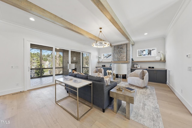 living room featuring light wood-style flooring, baseboards, and beam ceiling