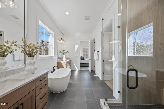 bathroom with a stall shower, visible vents, ensuite bath, ornamental molding, and vanity