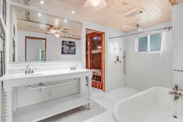 bathroom featuring wooden ceiling, separate shower and tub, and ceiling fan