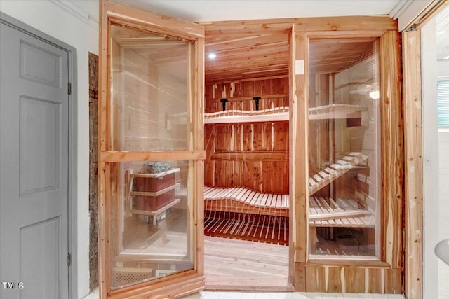 view of sauna featuring hardwood / wood-style flooring