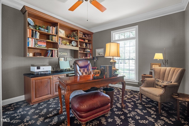 home office with ornamental molding, plenty of natural light, ceiling fan, and wallpapered walls