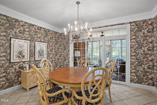 dining space featuring light tile patterned floors, a notable chandelier, baseboards, and wallpapered walls