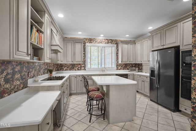 kitchen with light countertops, stainless steel refrigerator with ice dispenser, a center island, open shelves, and wallpapered walls