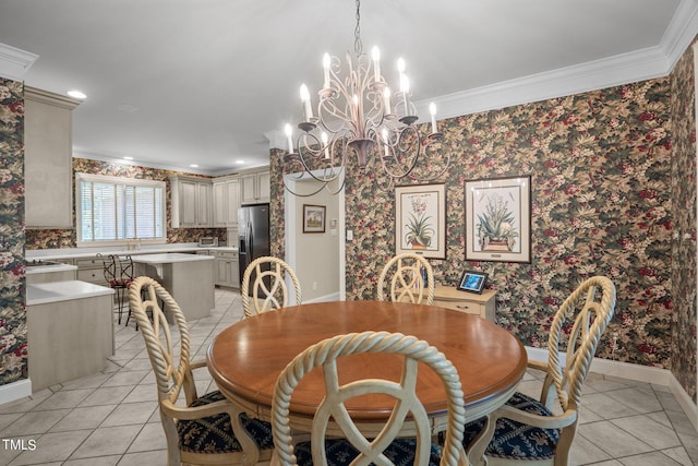 dining area featuring crown molding, light tile patterned floors, recessed lighting, baseboards, and wallpapered walls