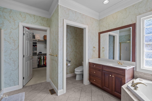 full bath featuring a spacious closet, a bath, tile patterned floors, wallpapered walls, and crown molding