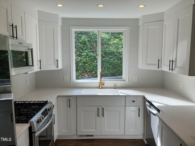 kitchen featuring a healthy amount of sunlight, stainless steel appliances, sink, and backsplash