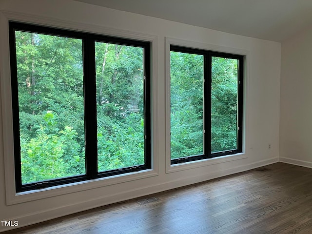 empty room featuring a wealth of natural light and dark hardwood / wood-style floors