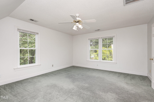 carpeted empty room with lofted ceiling, ceiling fan, a wealth of natural light, and a textured ceiling