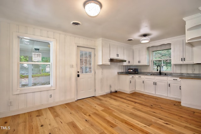 kitchen with white cabinetry, sink, crown molding, and light wood-type flooring