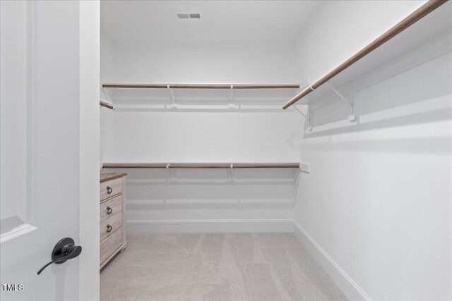 walk in closet with light colored carpet