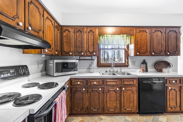 kitchen with electric range, black dishwasher, and sink