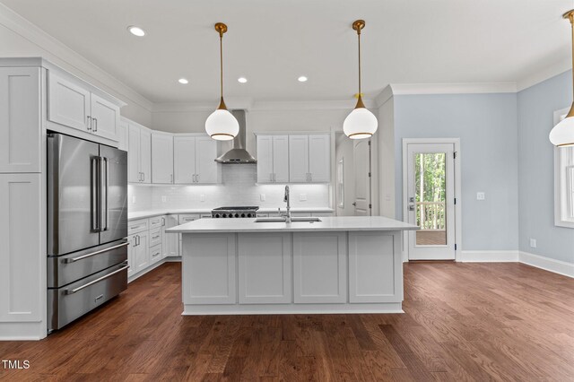 100 N Ridge View Way, Franklinton, NC 27525 - kitchen featuring high end refrigerator, a sink, wall chimney range hood, light countertops, and crown molding