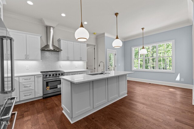 100 N Ridge View Way, Franklinton, NC 27525 - kitchen with stainless steel range, wall chimney range hood, a sink, light countertops, and ornamental molding