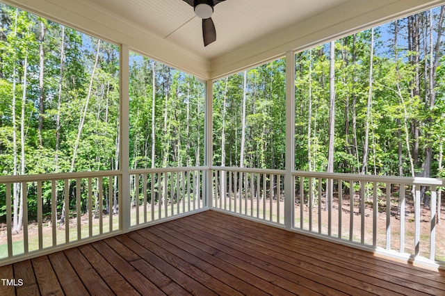 100 N Ridge View Way, Franklinton, NC 27525 - unfurnished sunroom featuring a ceiling fan and a wooded view