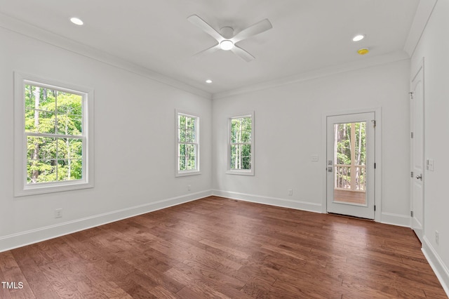 100 N Ridge View Way, Franklinton, NC 27525 - unfurnished room with healthy amount of natural light, ceiling fan, dark wood-style floors, ornamental molding, and recessed lighting