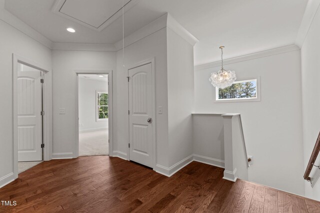 100 N Ridge View Way, Franklinton, NC 27525 - foyer with dark wood-style flooring, baseboards, ornamental molding, recessed lighting, and a chandelier