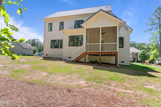 100 N Ridge View Way, Franklinton, NC 27525 - rear view of house featuring ceiling fan, crawl space, stairs, a yard, and a sunroom