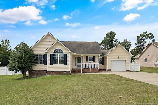 ranch-style house with a garage, a front yard, and covered porch