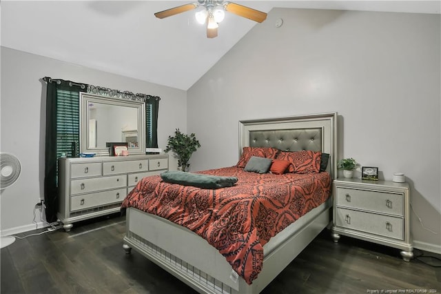 bedroom featuring dark hardwood / wood-style flooring, ceiling fan, and lofted ceiling