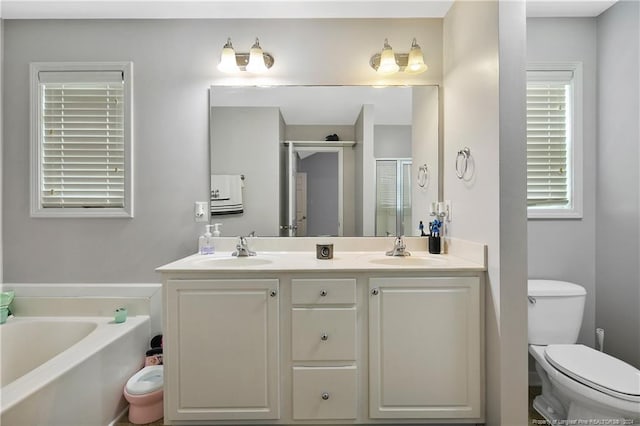 full bathroom with vanity, toilet, and plus walk in shower