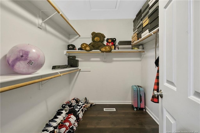 spacious closet with dark wood-type flooring