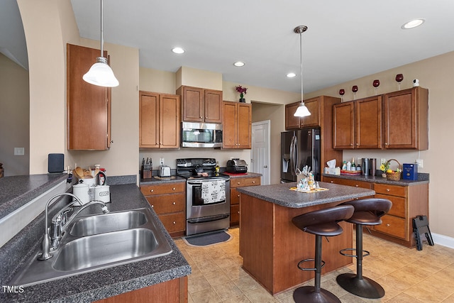 kitchen featuring range with electric cooktop, black refrigerator with ice dispenser, sink, decorative light fixtures, and light tile patterned flooring