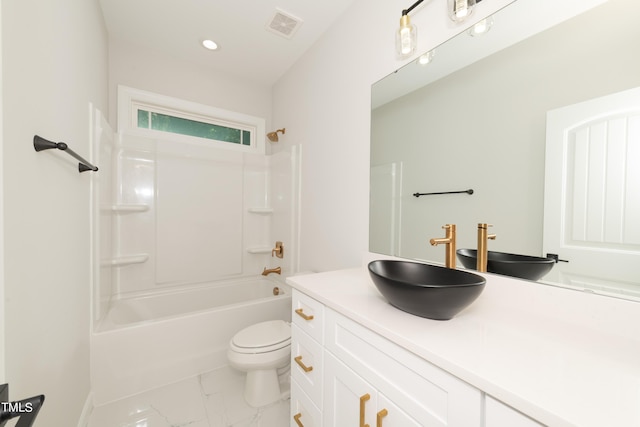 full bathroom with  shower combination, tile patterned floors, toilet, and vanity