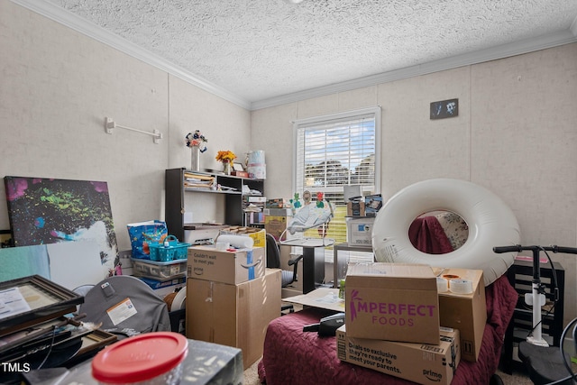 office featuring crown molding and a textured ceiling