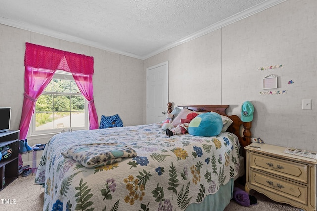 carpeted bedroom featuring a textured ceiling and crown molding