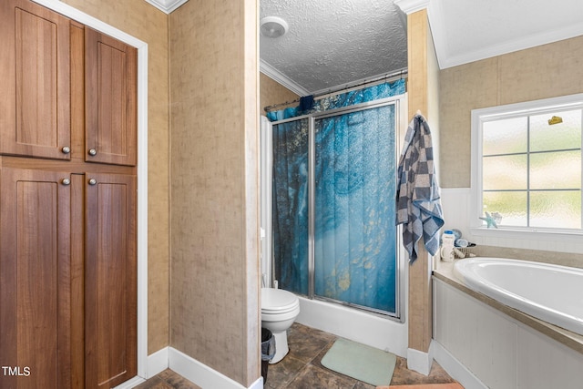 bathroom with toilet, tile patterned flooring, shower with separate bathtub, a textured ceiling, and crown molding