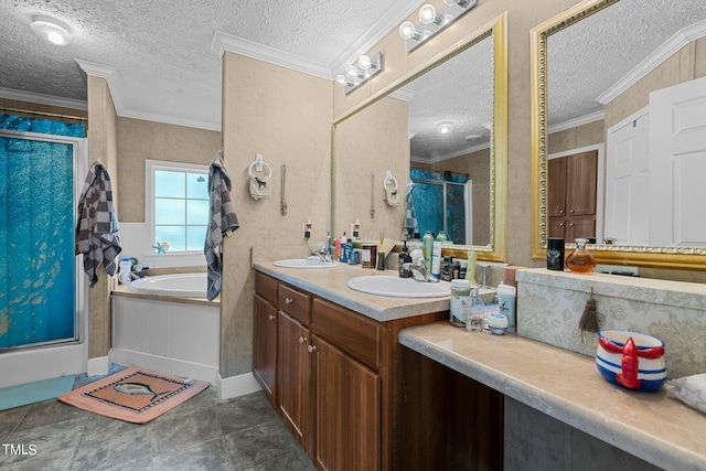 bathroom with independent shower and bath, double vanity, a textured ceiling, tile patterned flooring, and crown molding