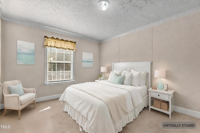 bedroom featuring a textured ceiling and crown molding