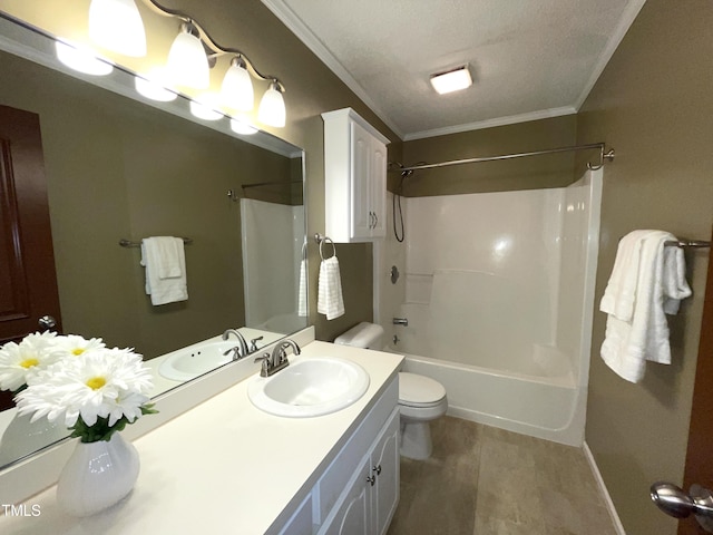 full bathroom with toilet, crown molding,  shower combination, a textured ceiling, and vanity