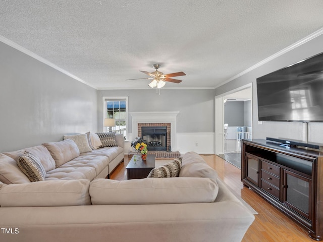 living room with light wood finished floors, a fireplace, ceiling fan, a textured ceiling, and crown molding