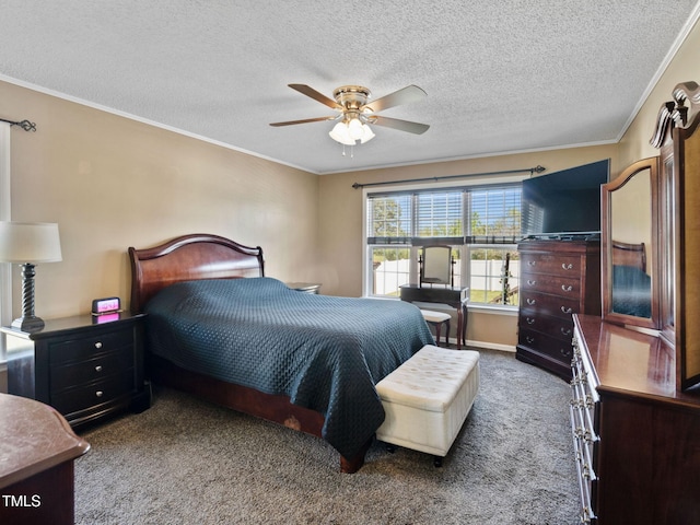 bedroom featuring a textured ceiling, carpet flooring, a ceiling fan, and ornamental molding