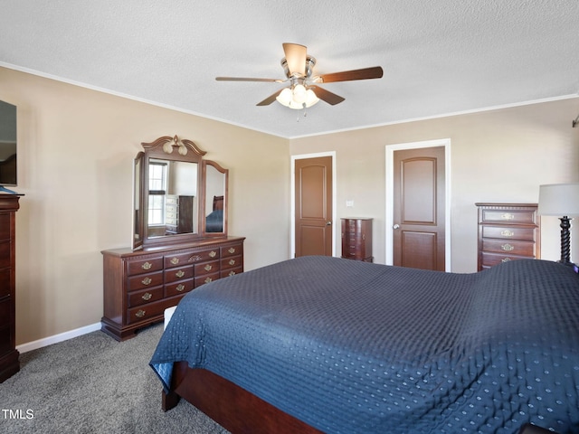 bedroom featuring baseboards, carpet floors, ceiling fan, ornamental molding, and a textured ceiling