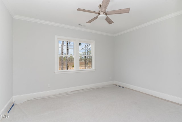 unfurnished room featuring carpet floors, ceiling fan, and ornamental molding