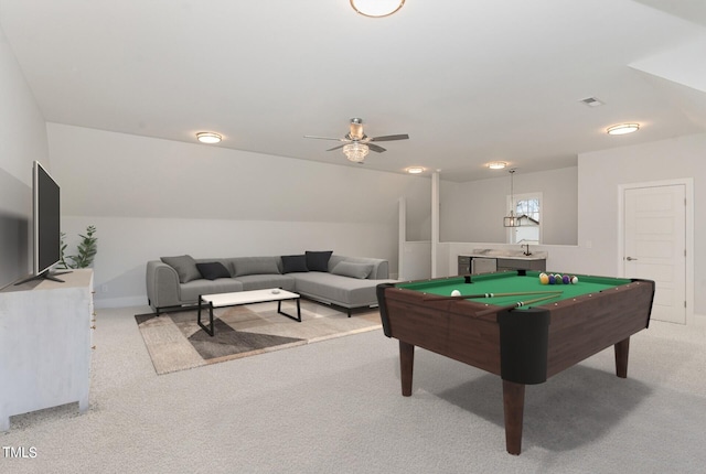 game room featuring ceiling fan, baseboards, lofted ceiling, light carpet, and billiards