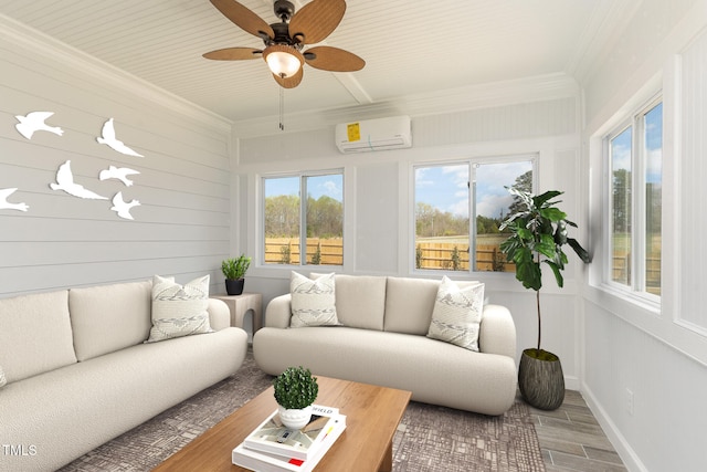 sunroom featuring a wall mounted air conditioner and ceiling fan