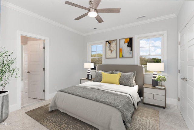 carpeted bedroom with multiple windows, ceiling fan, and crown molding