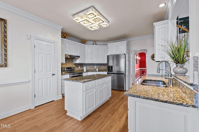 kitchen featuring stainless steel appliances, a sink, white cabinetry, and under cabinet range hood