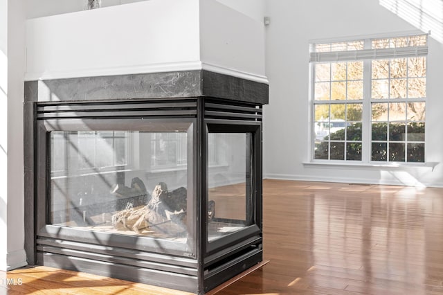 details featuring wood finished floors and a multi sided fireplace