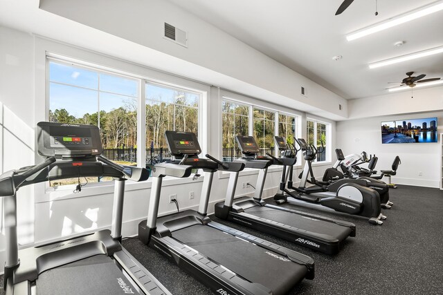 workout area featuring ceiling fan and a wealth of natural light