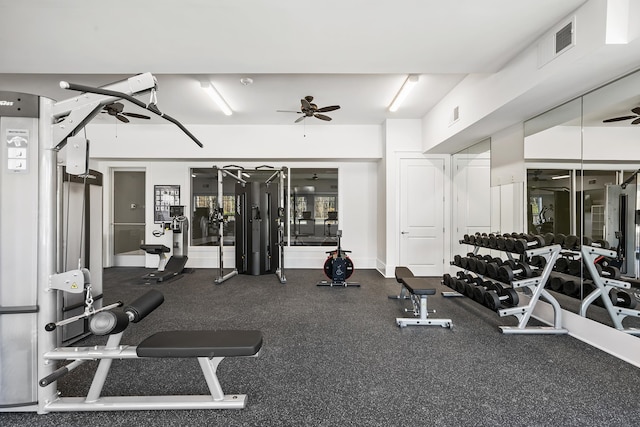 exercise room with ceiling fan